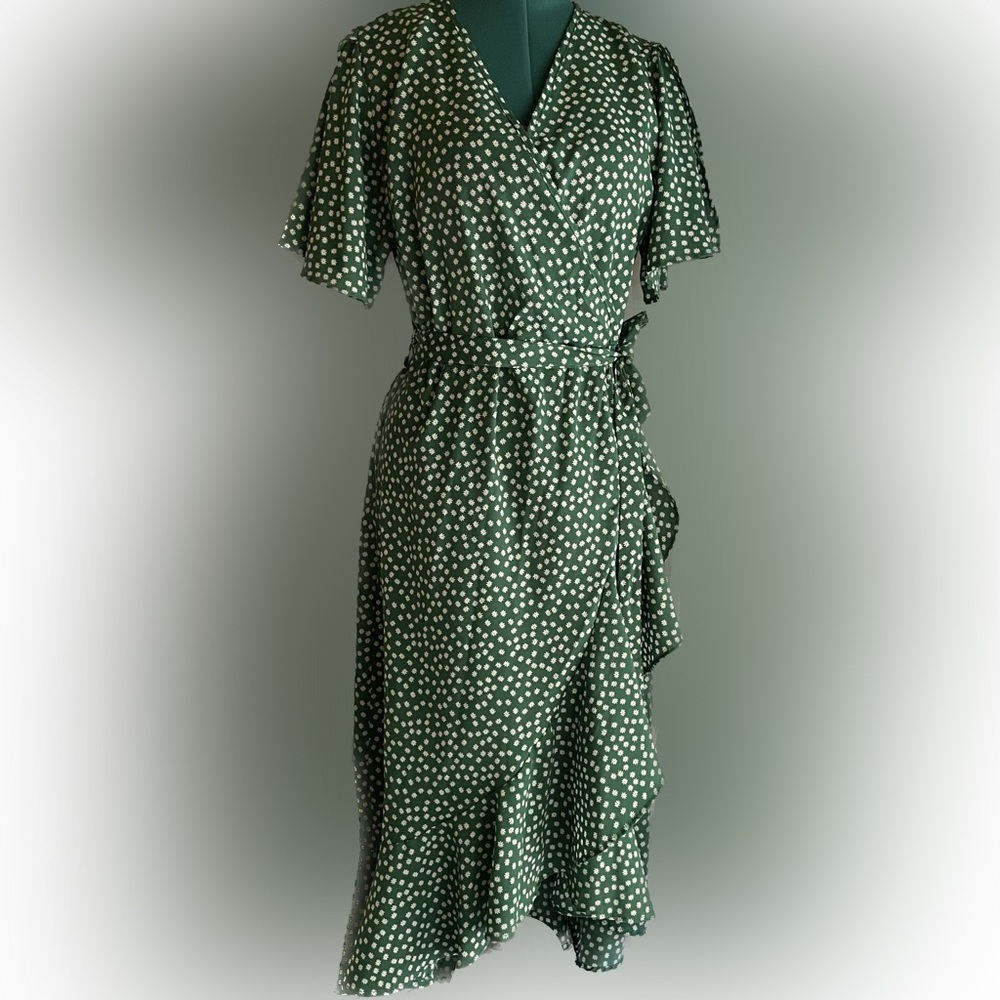 Wrap Dress Kelly Green Pattern Size M